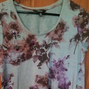 SIMPLY VERA WANG Cap Sleeve T Shirt Top JEWELED BEADS Purple and Grey Size   PL